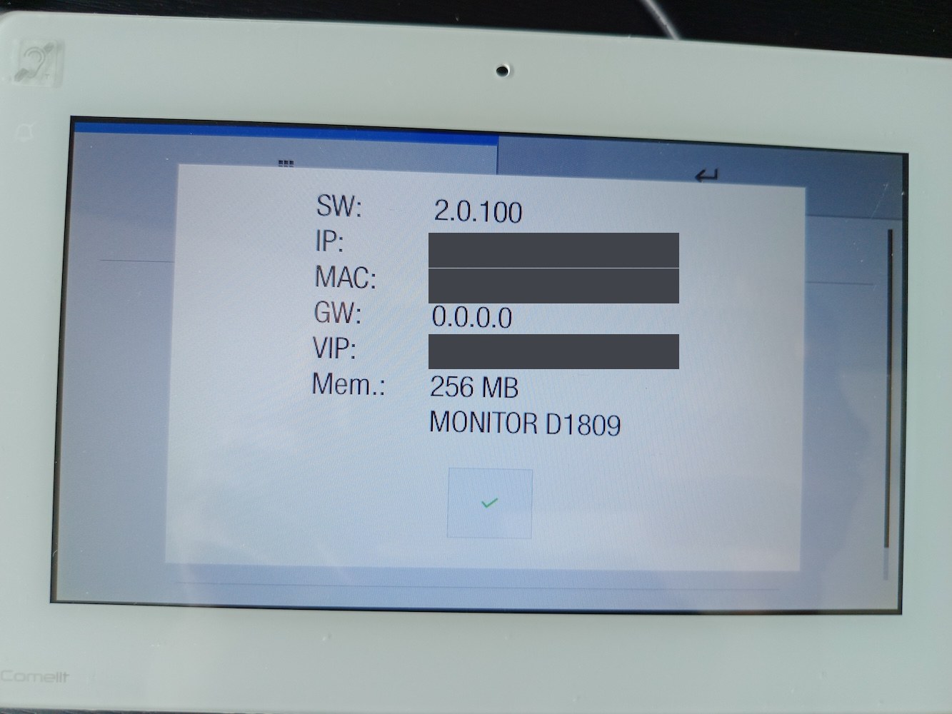 Comelit 6802W monitor showing its system information screen
