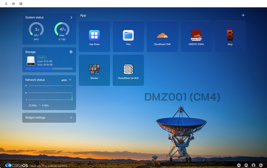 CasaOS Dashboard showing system overview with CPU, memory, and storage usage