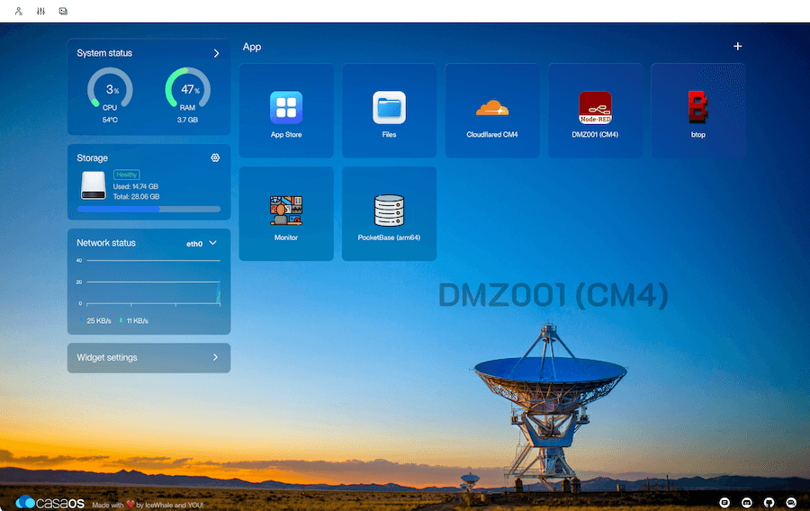 CasaOS Dashboard showing system overview with CPU, memory, and storage usage
