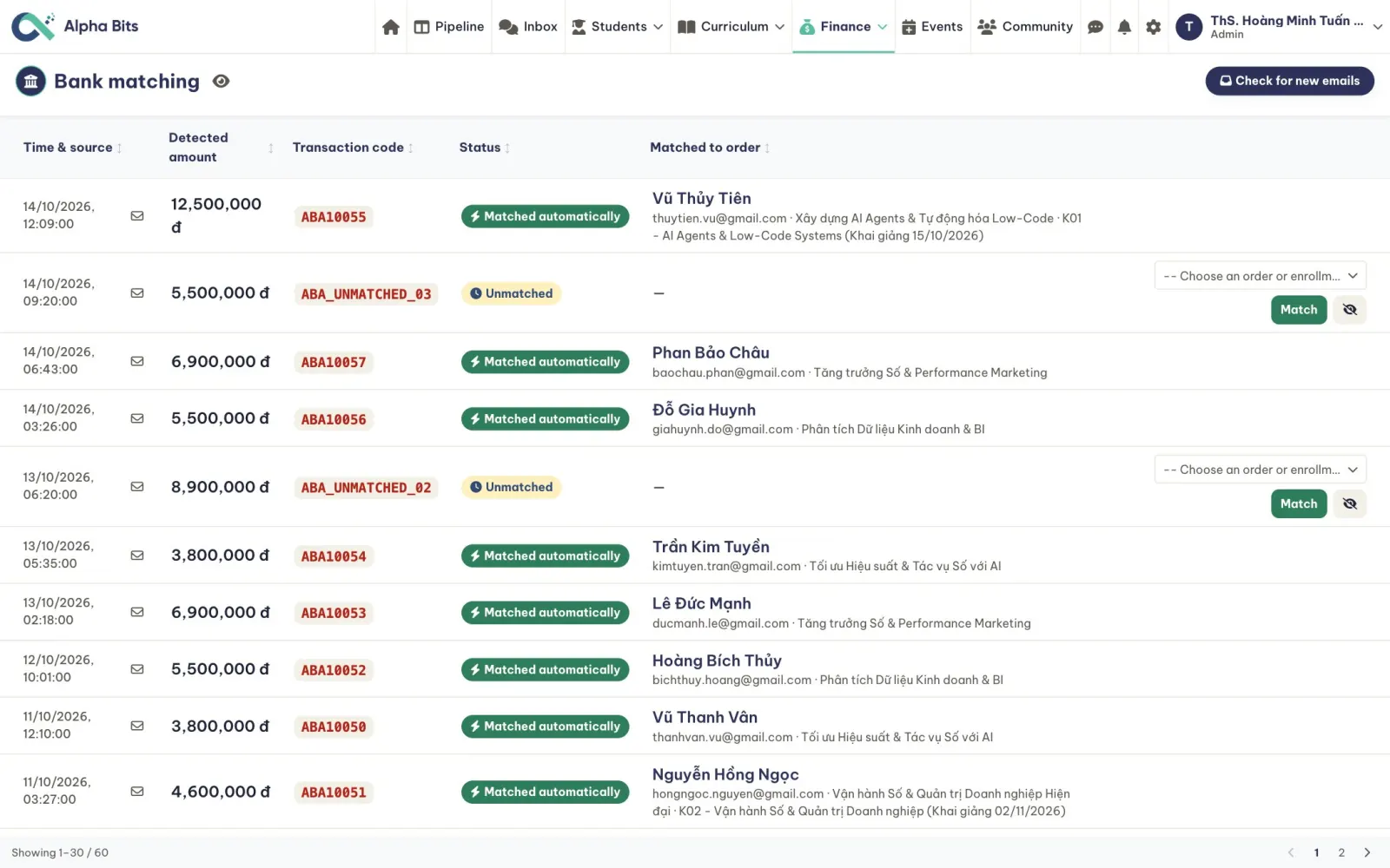 The finance desk with bank transfers matched to students