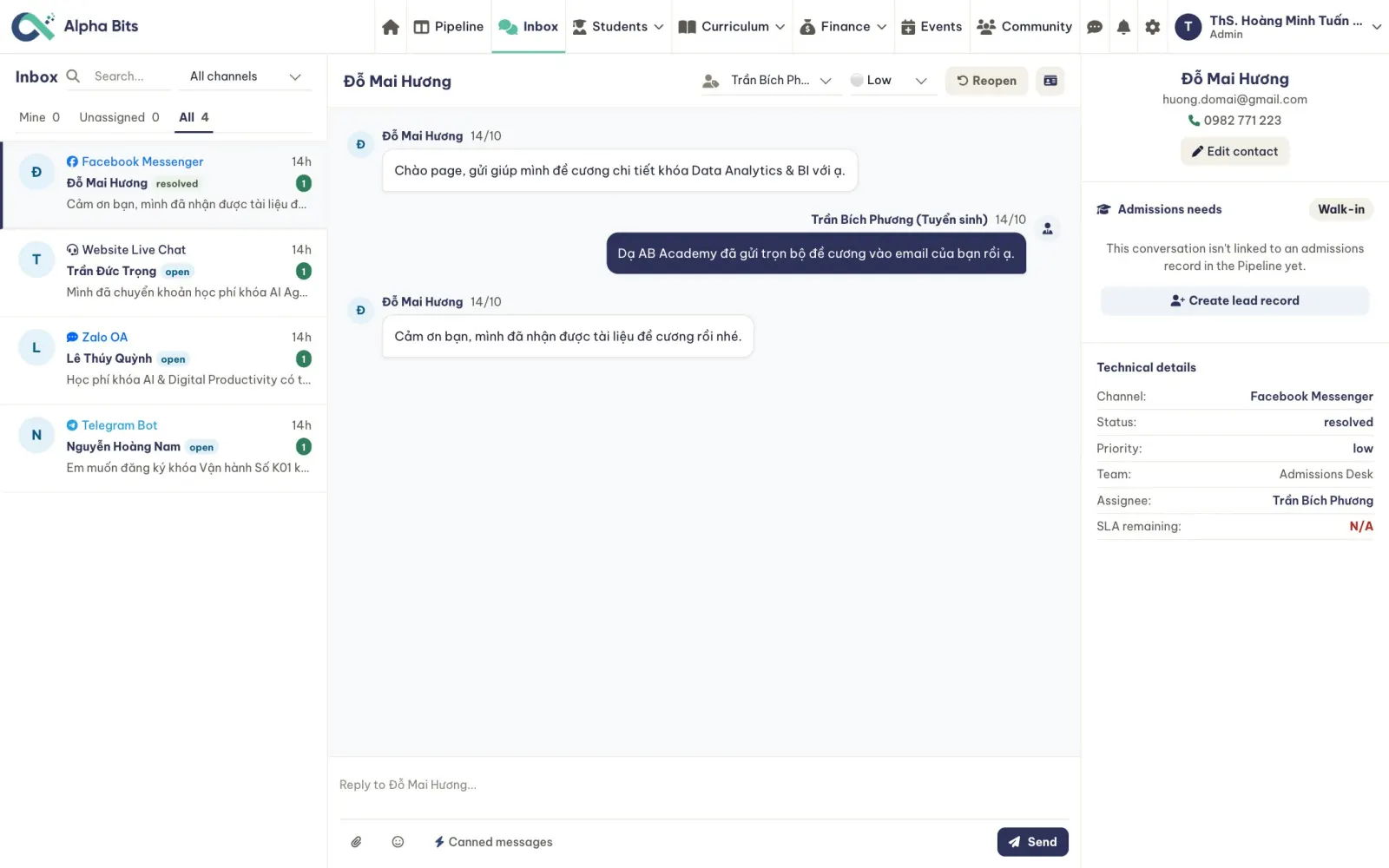 The shared inbox with conversations from several chat channels