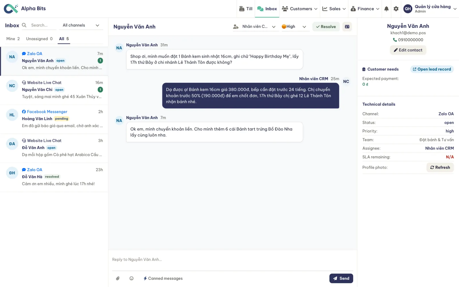 The shared inbox with a cake order being confirmed over Zalo