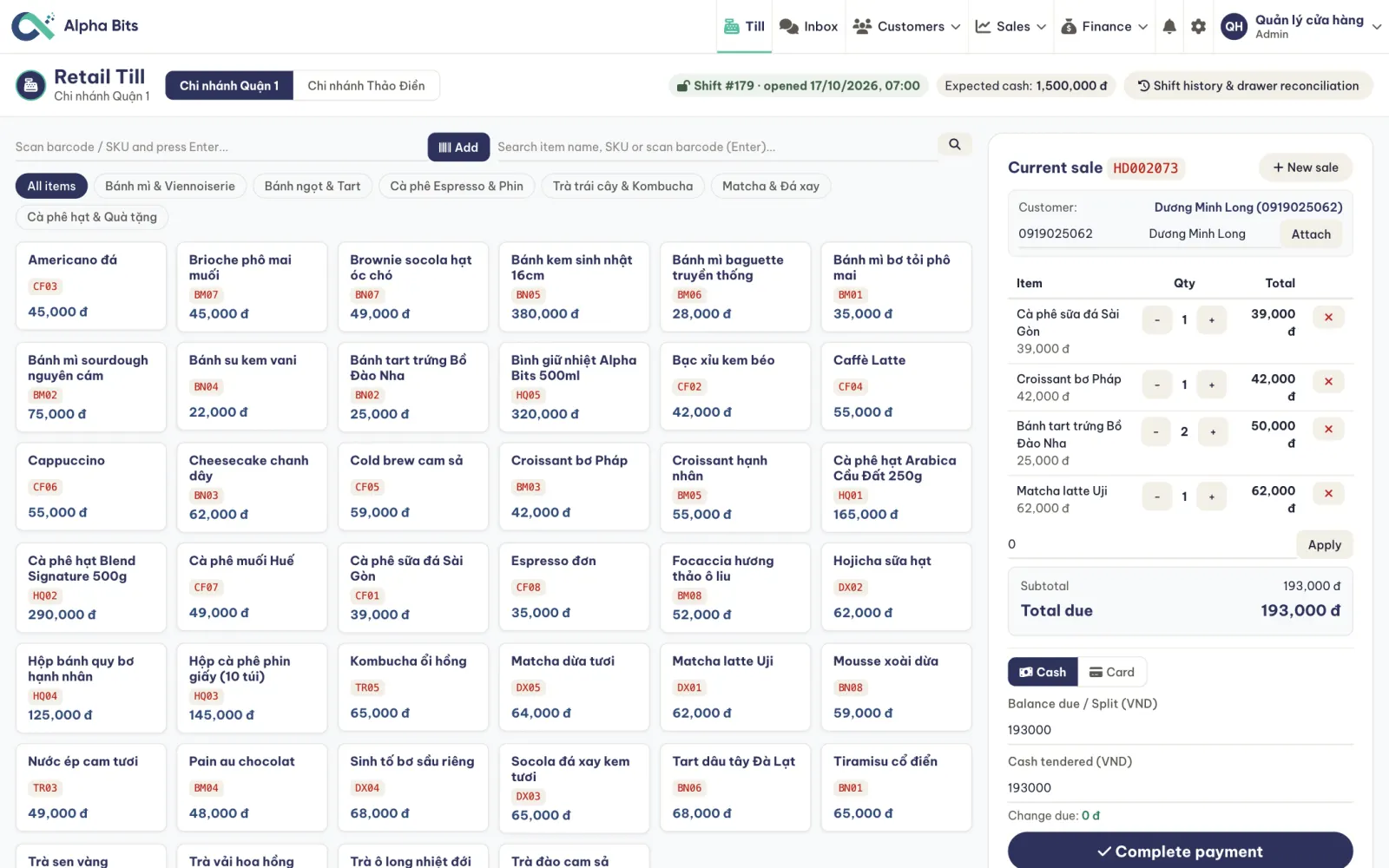 The retail till: item grid, a cart with four items, a customer attached by phone, and cash or card payment