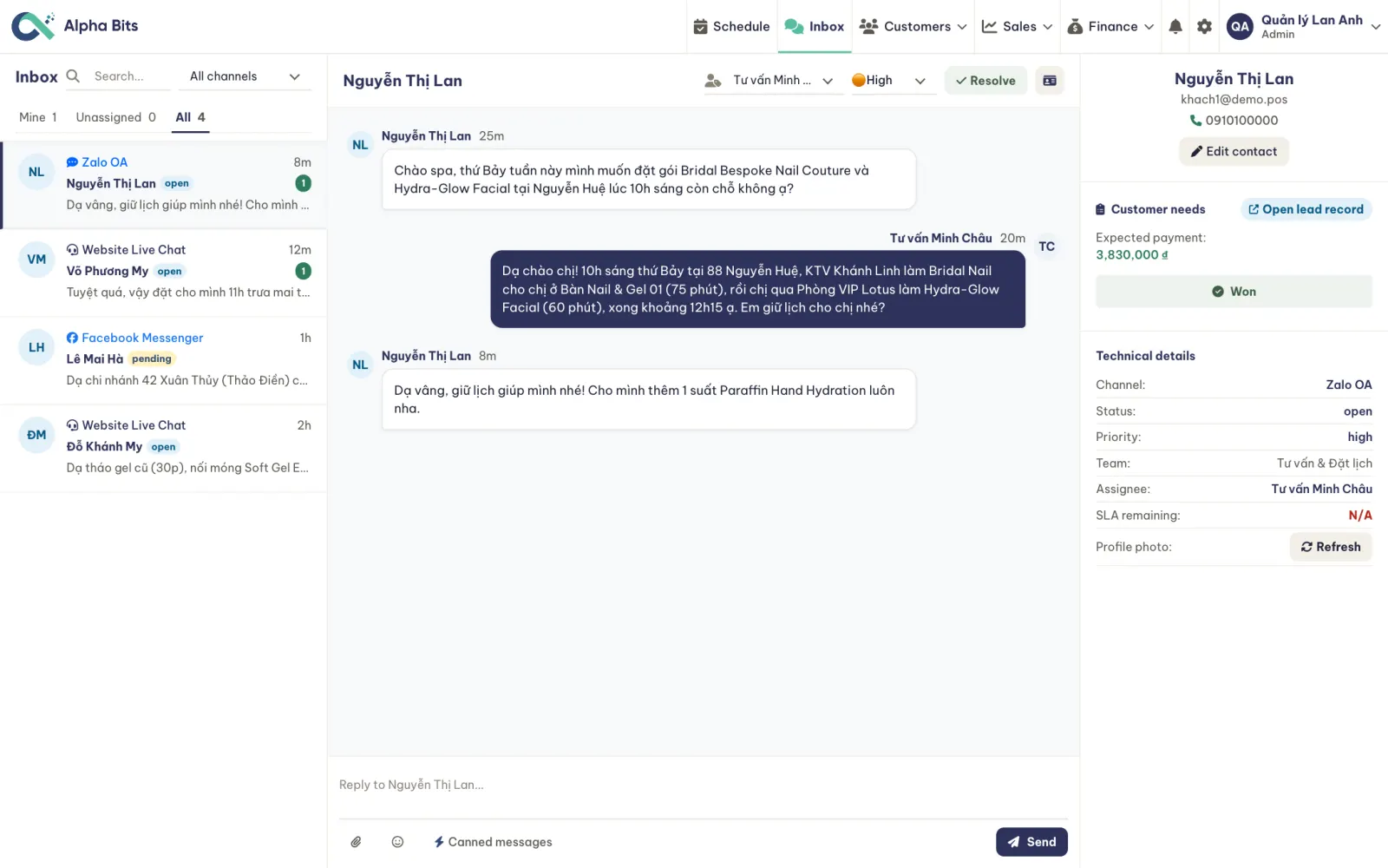 The shared inbox with a booking request coming in over Zalo